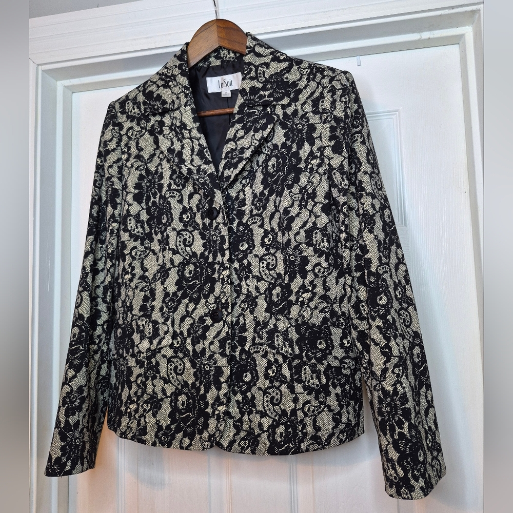 Le Suit Black and Cream Floral Lace-Effect Women's Blazer Size 8